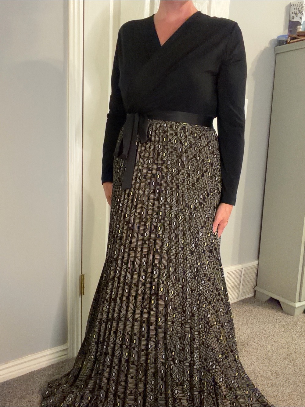 Elegant Black Wrap Maxi Dress with Gold Accents